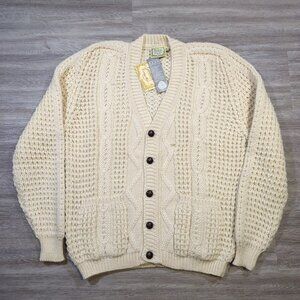 Gaeltarra Ireland Men's Size XL 44 Pure New Wool Cable Knit Cardigan Cream